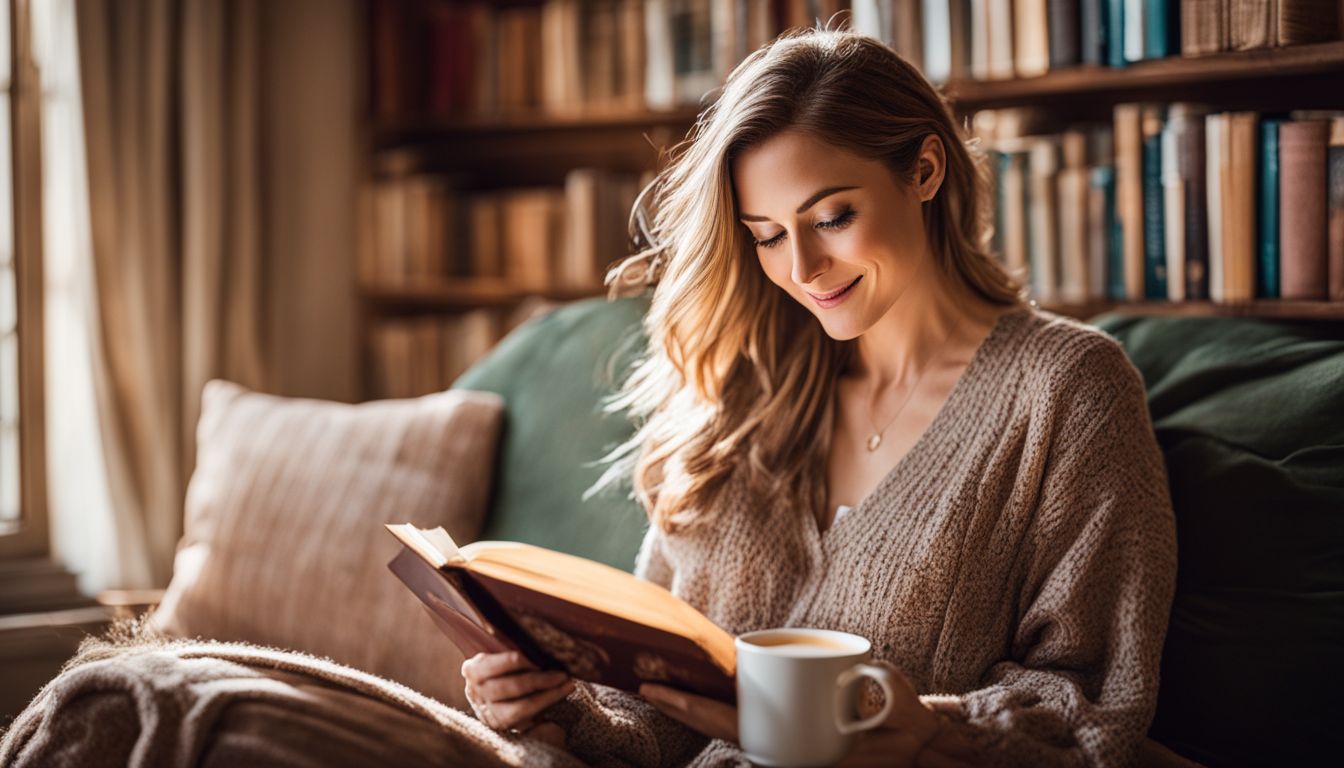 A woman enjoying a cozy reading nook surrounded by books and tea.