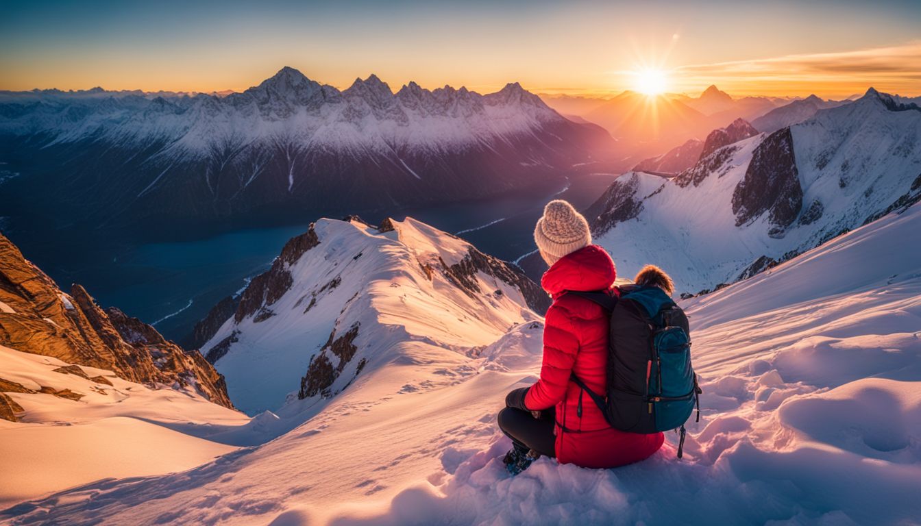A colorful sunrise over snowy mountains with diverse people and scenery.