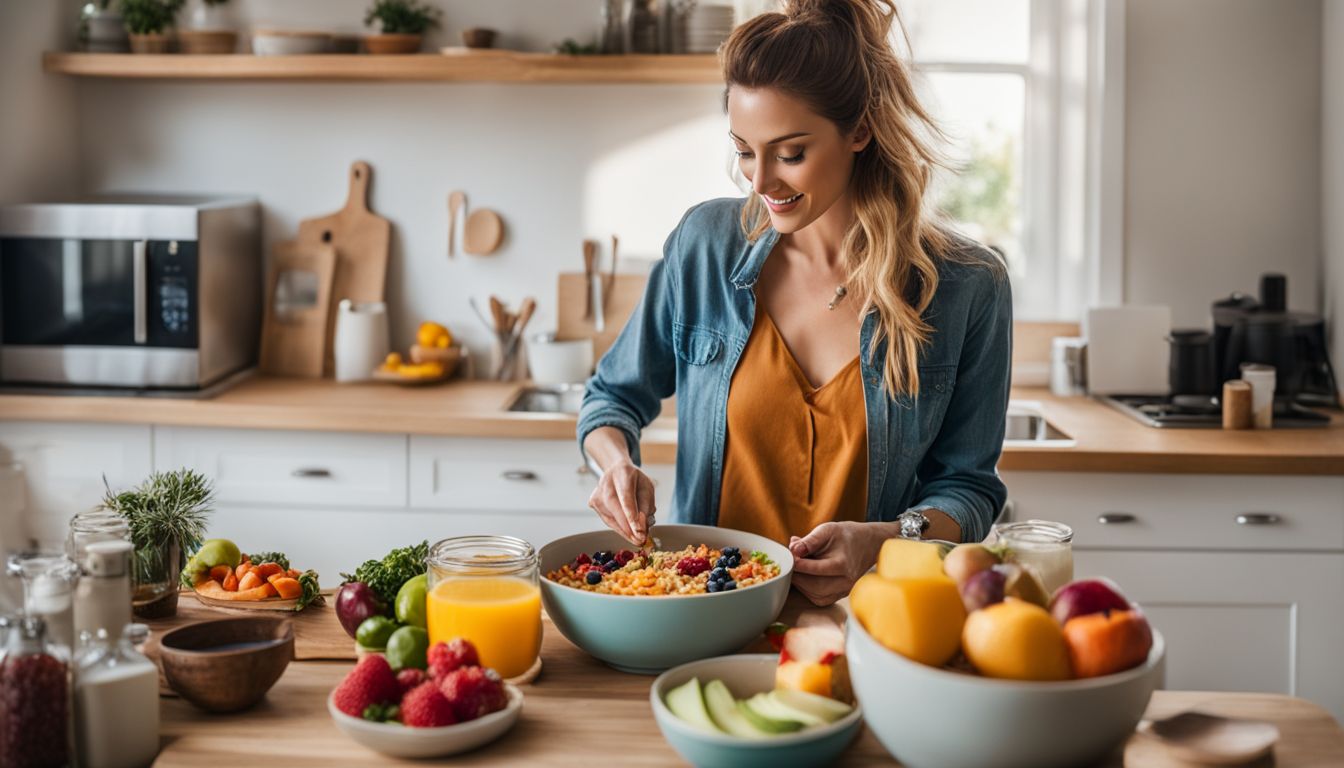 A woman making a healthy breakfast bowl in a modern kitchen.