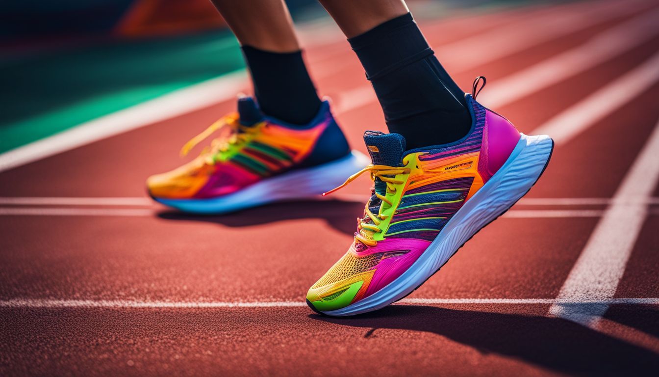 A photo of colorful running shoes on a vibrant running track.
