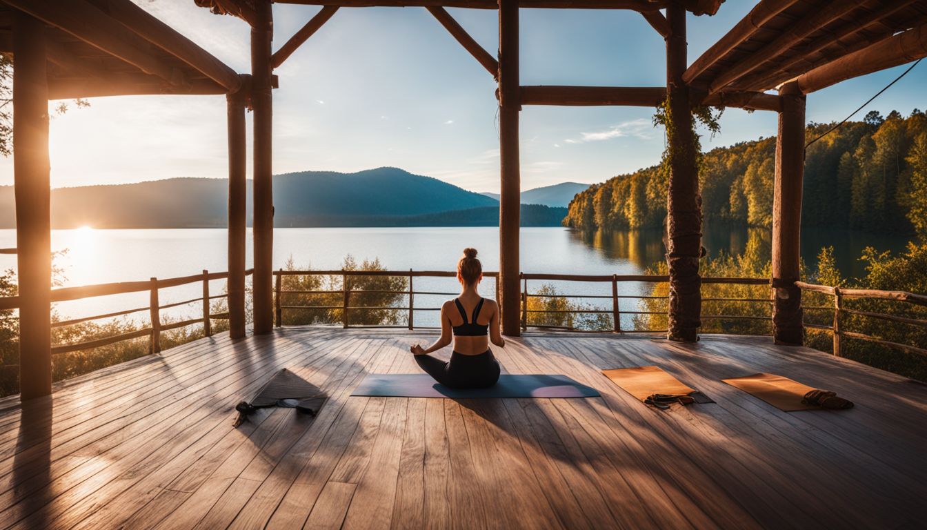 A Caucasian woman practicing yoga on a deck overlooking a lake.