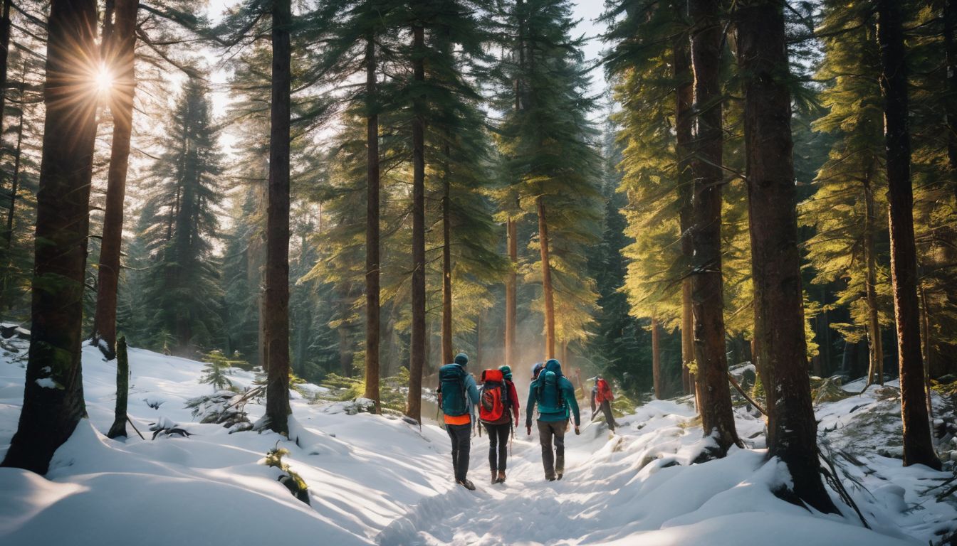 A diverse group of friends hiking through a snowy forest.