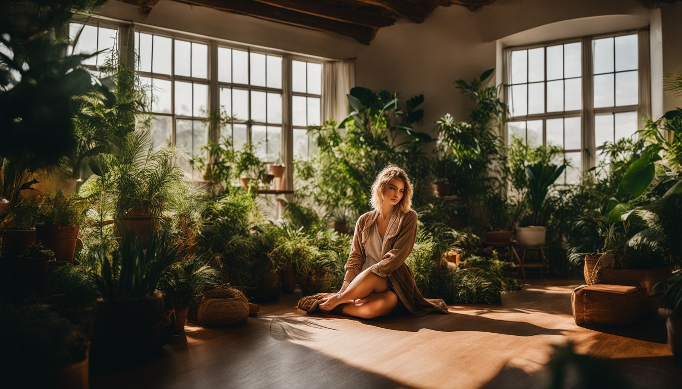 Person in a sunny room surrounded by plants in various outfits.