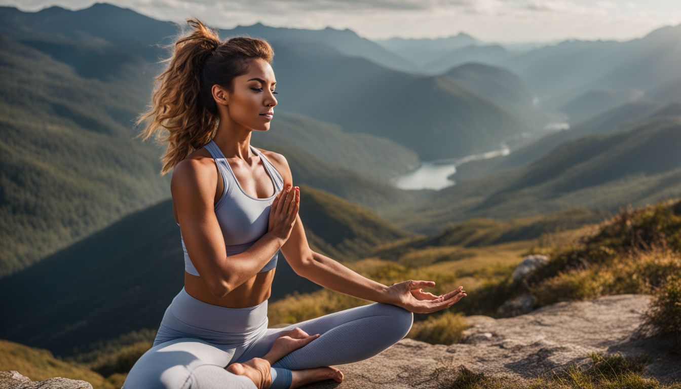 A woman doing a yoga pose on a scenic mountaintop.