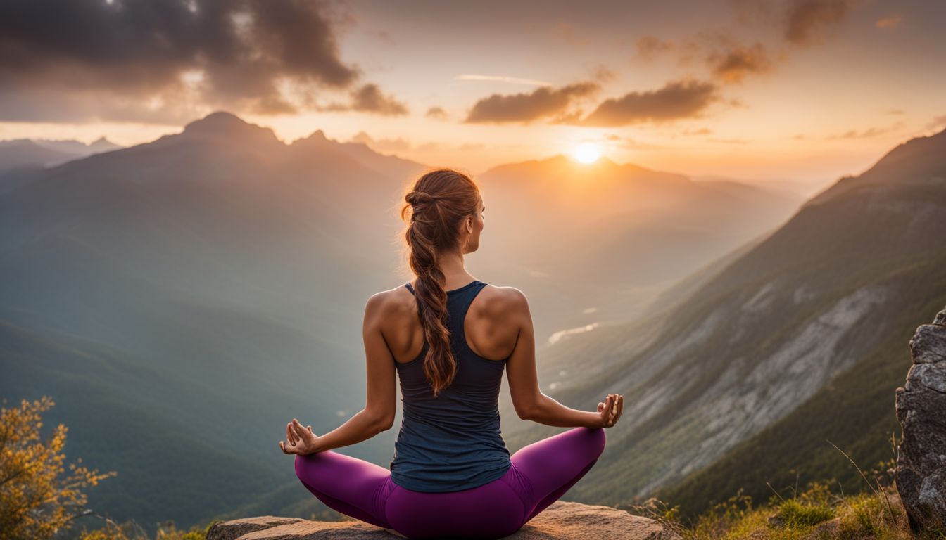 A woman doing yoga on a mountaintop at sunrise.