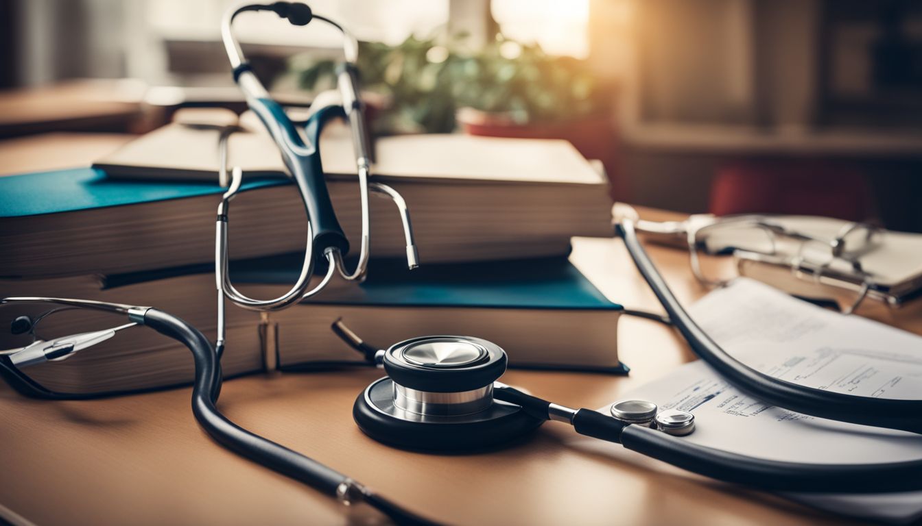 A doctor's office with medical books and a stethoscope on a desk.
