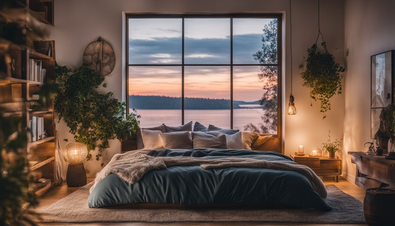 Cozy bedroom photo with diverse people and nature photography vibes.