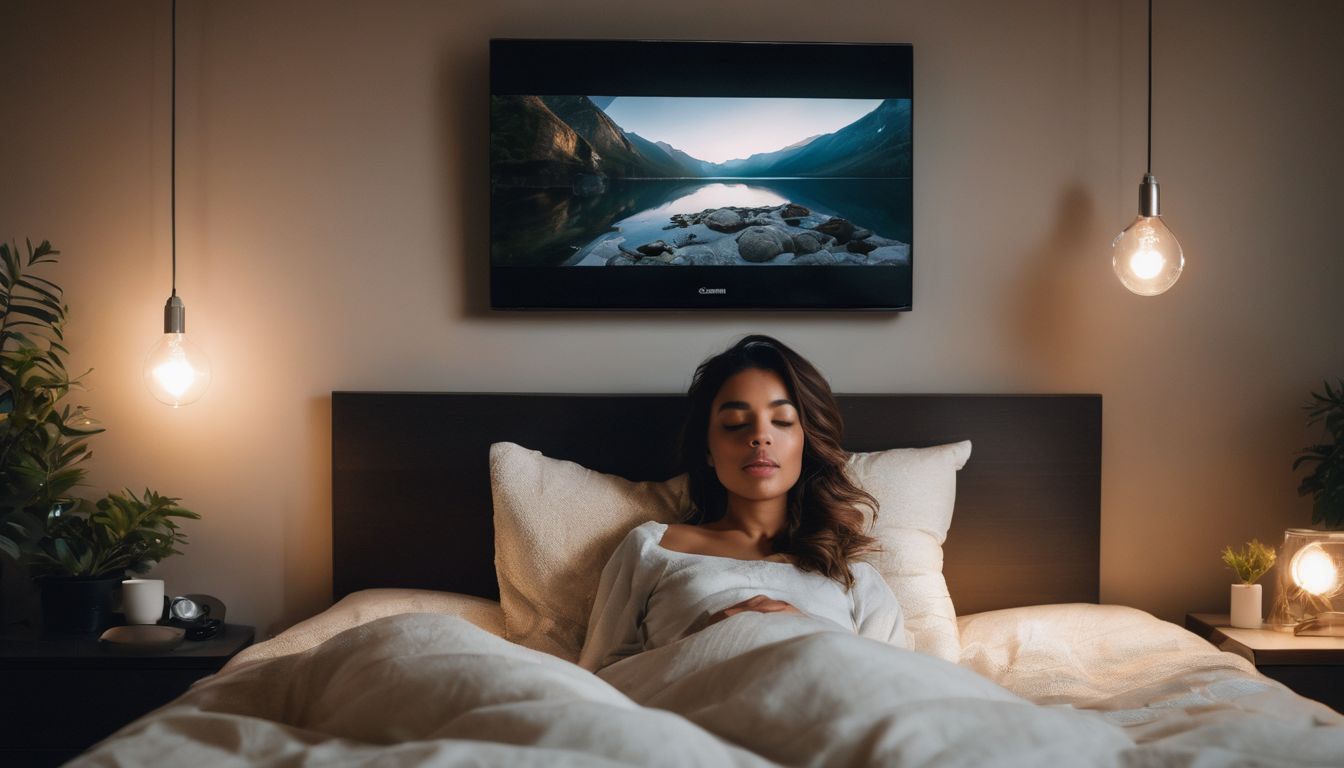 A person in bed with sleep specialist monitors and nature photography.