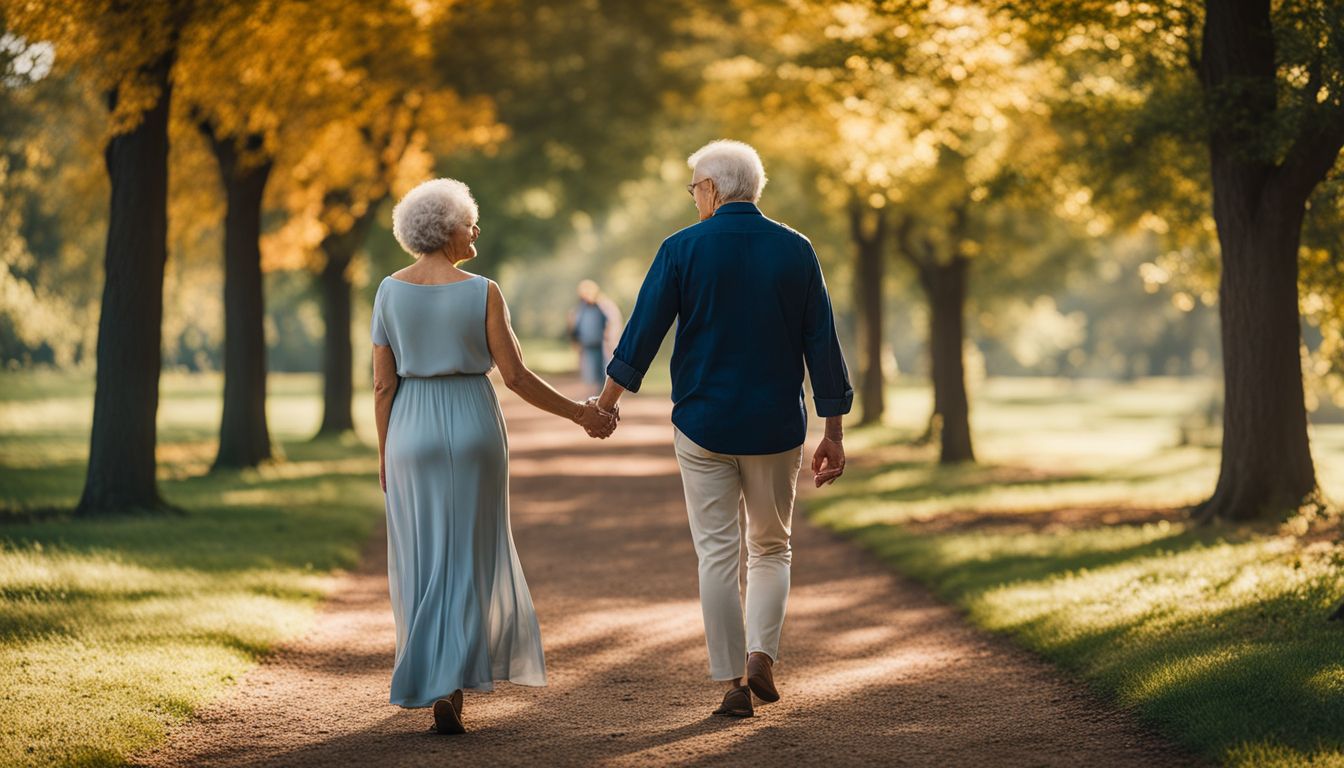 Elderly couple holding hands, walking through a serene park.
