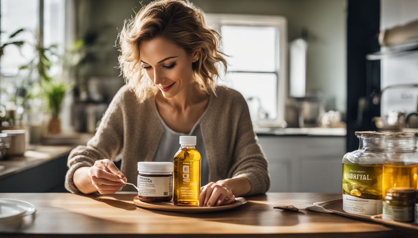 A person taking a fish oil supplement with a healthy meal.
