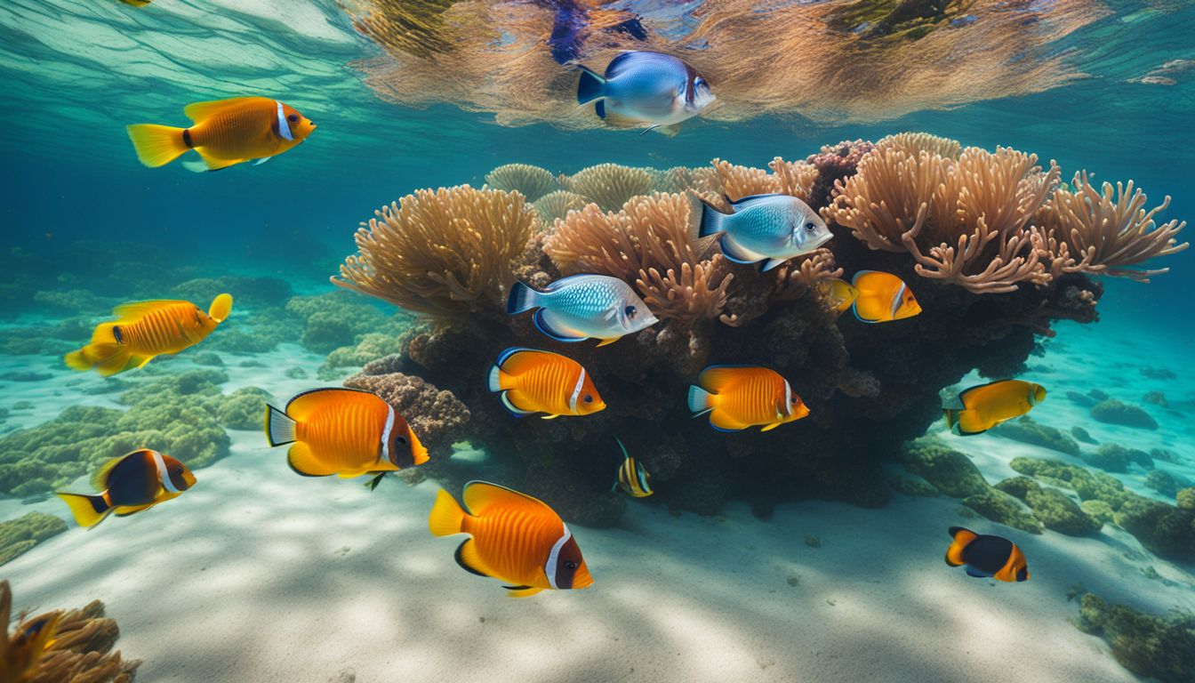 A diverse school of vibrant fish swimming in clear tropical waters.