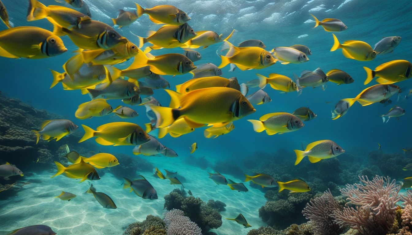 A vibrant school of fish in clear water, captured in stunning detail.