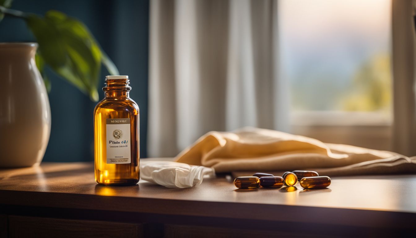 Image of a fish oil bottle and pills in a cozy bedroom.