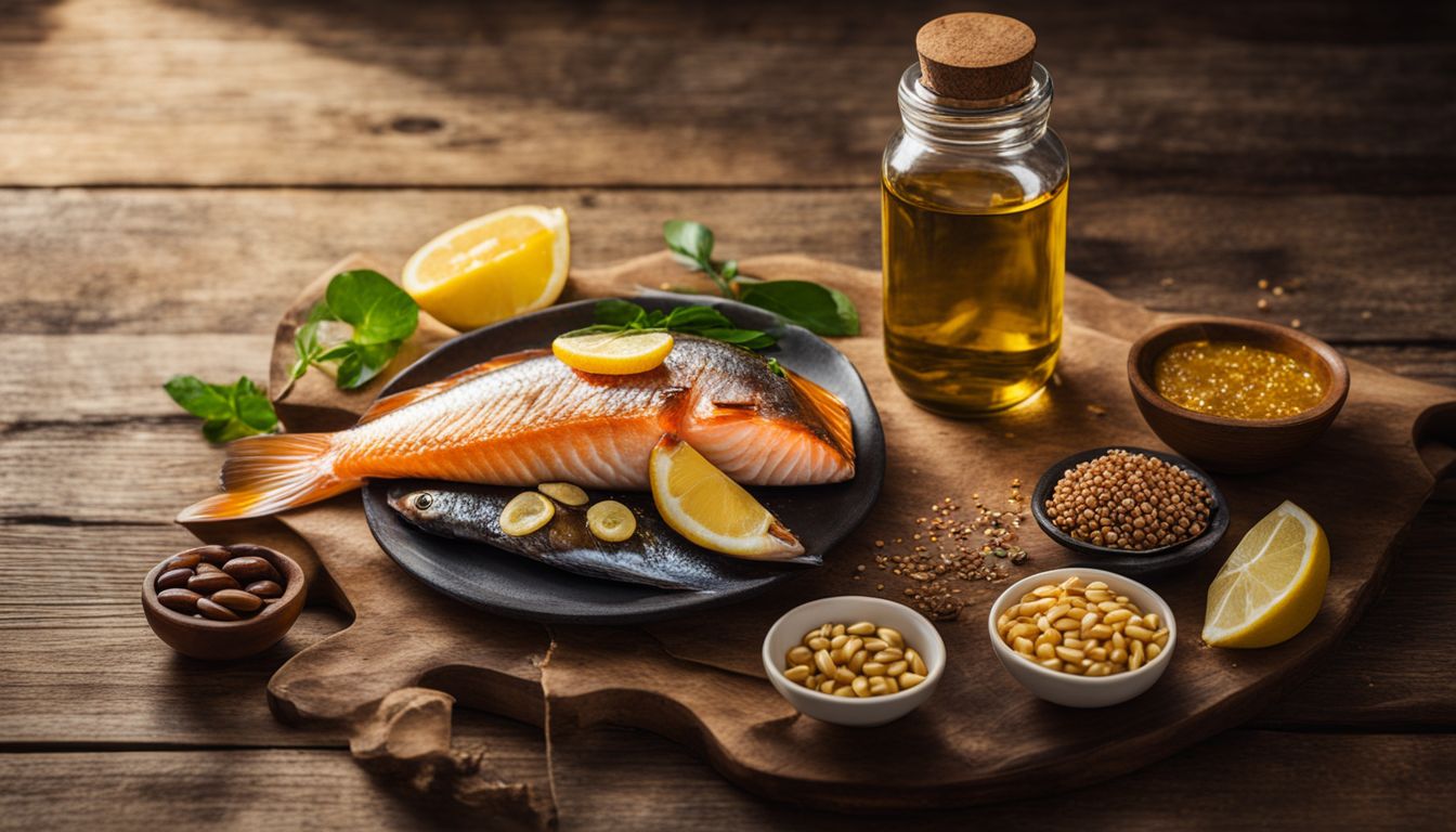 A bottle of fish oil supplements surrounded by omega-3 rich foods.