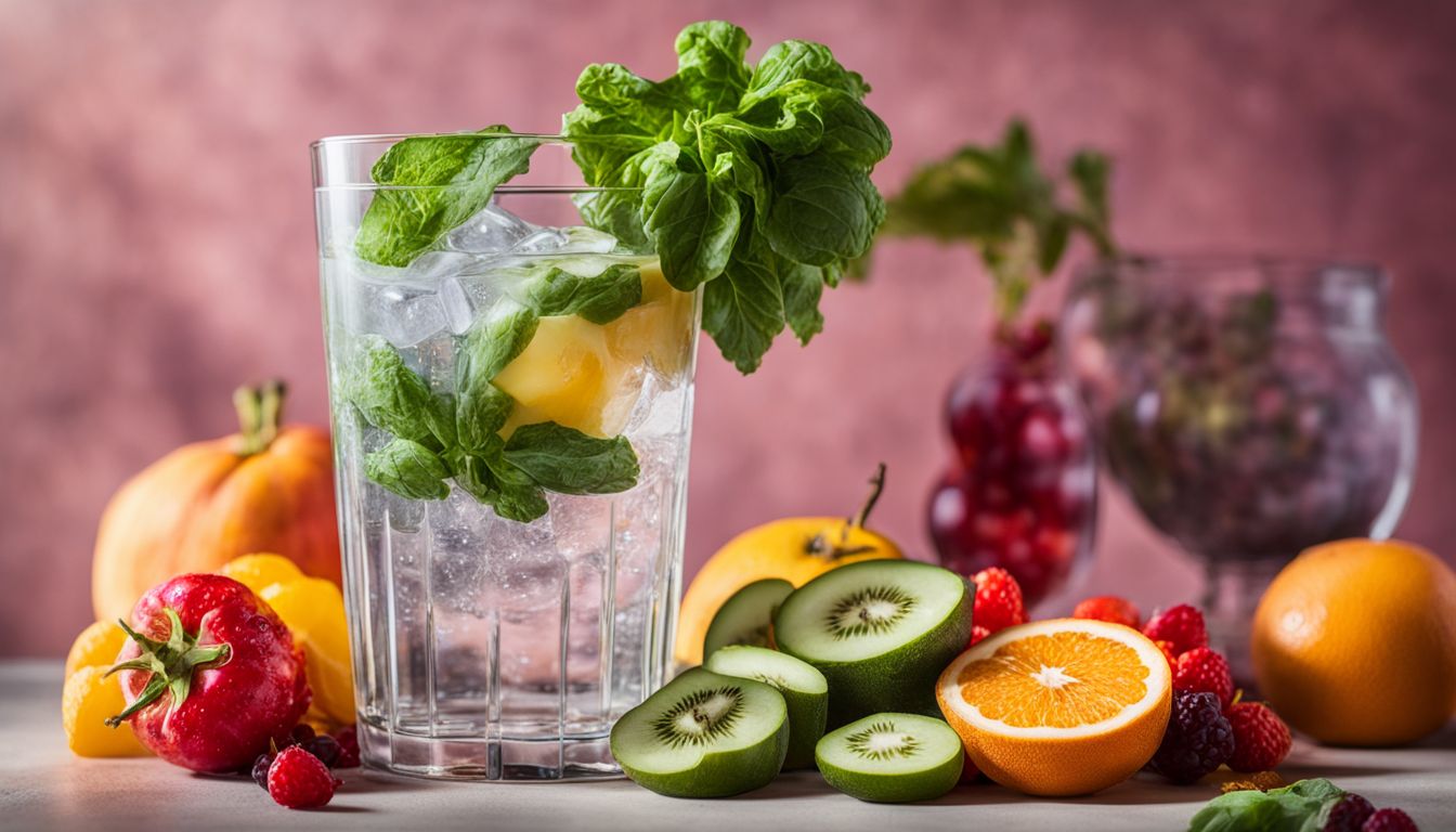 A vibrant still life photo of a glass of water with fruits and vegetables.