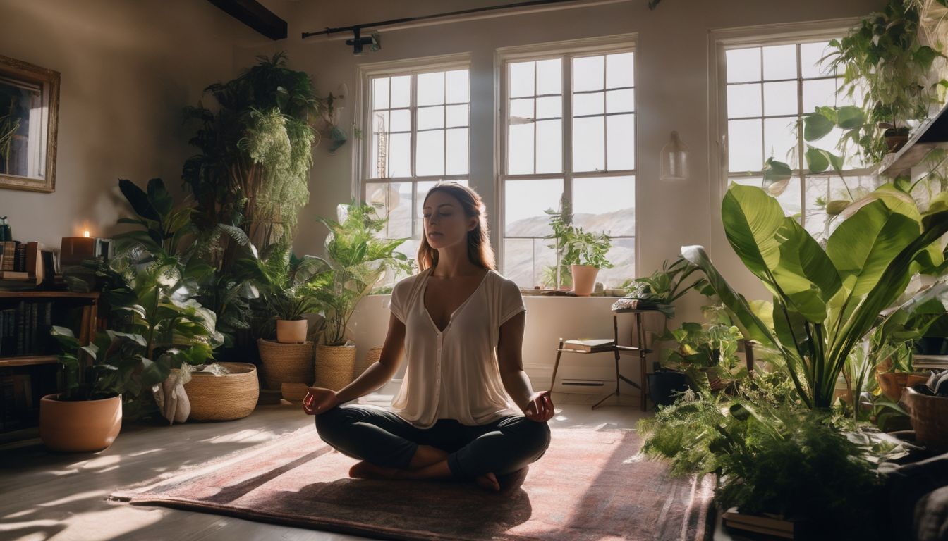 Peaceful person meditating in a sunlit room surrounded by plants and books.