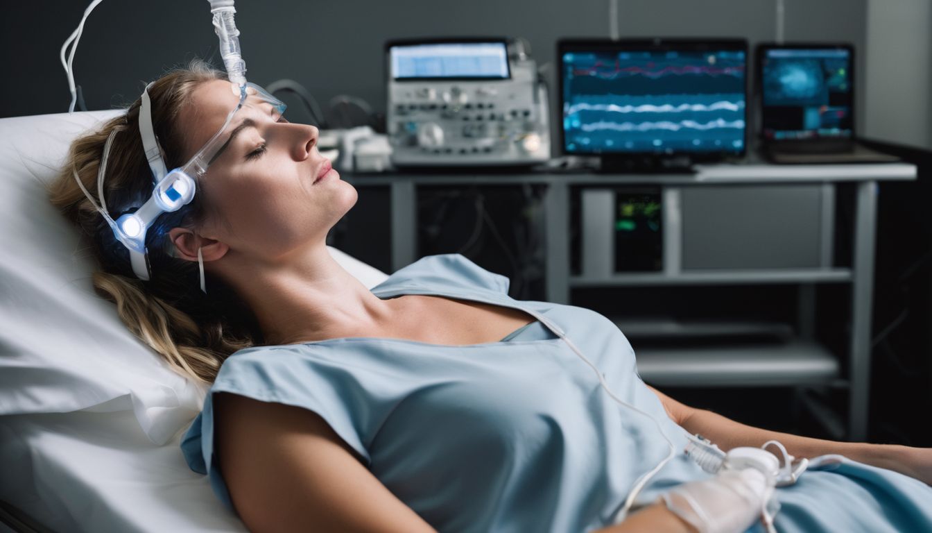 A person undergoing a sleep study in a well-lit lab.