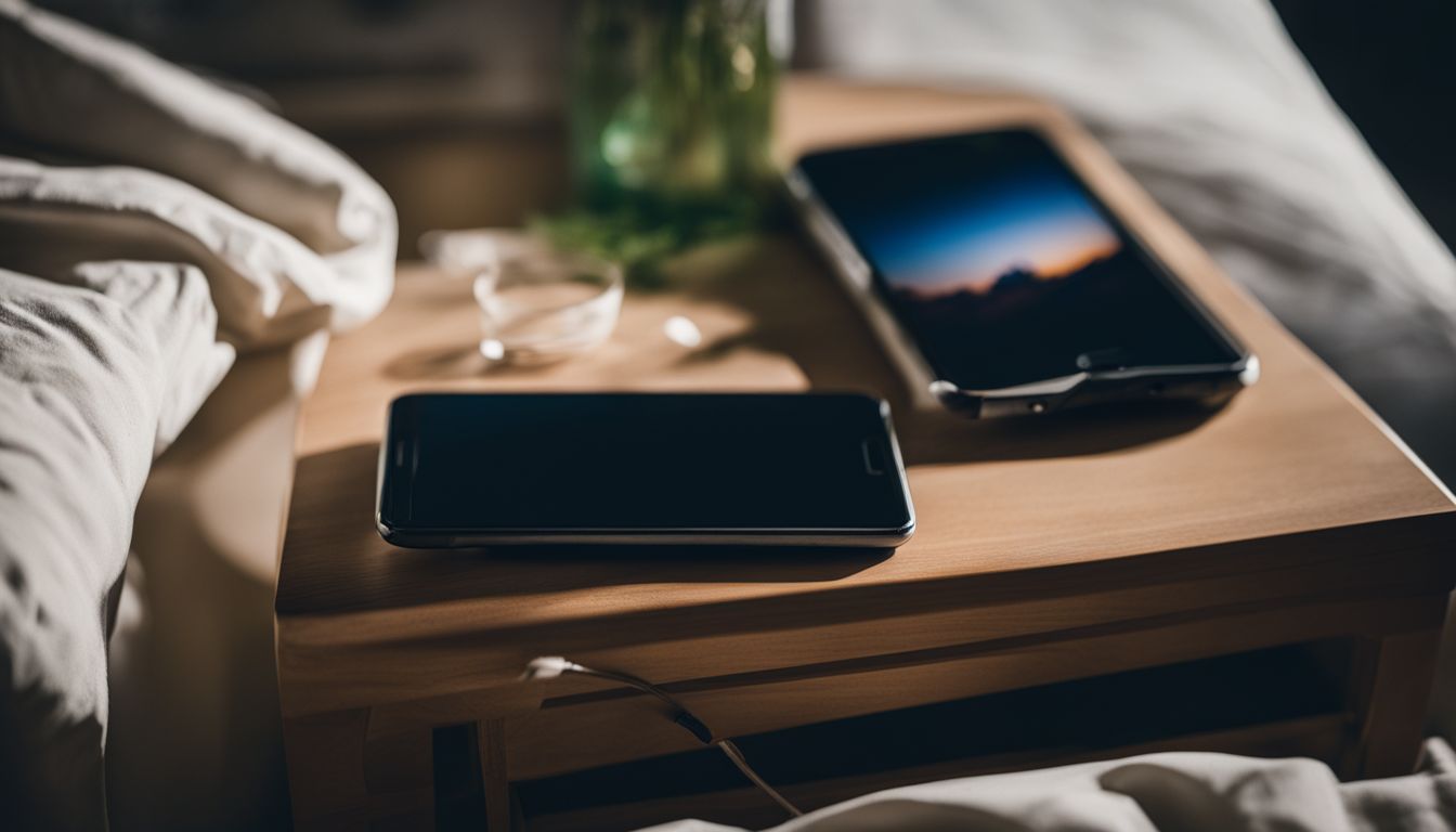 A cracked smartphone lies on a bedside table in a dimly lit bedroom.