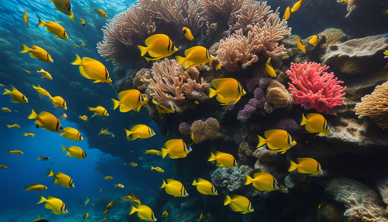 School of vibrant tropical fish in a pristine coral reef.