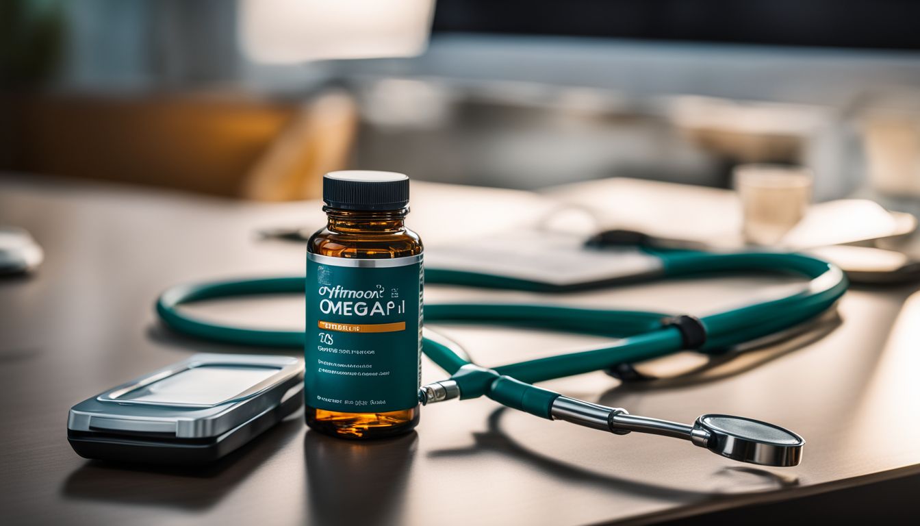 Stethoscope and omega-3 supplements on a doctor's desk.