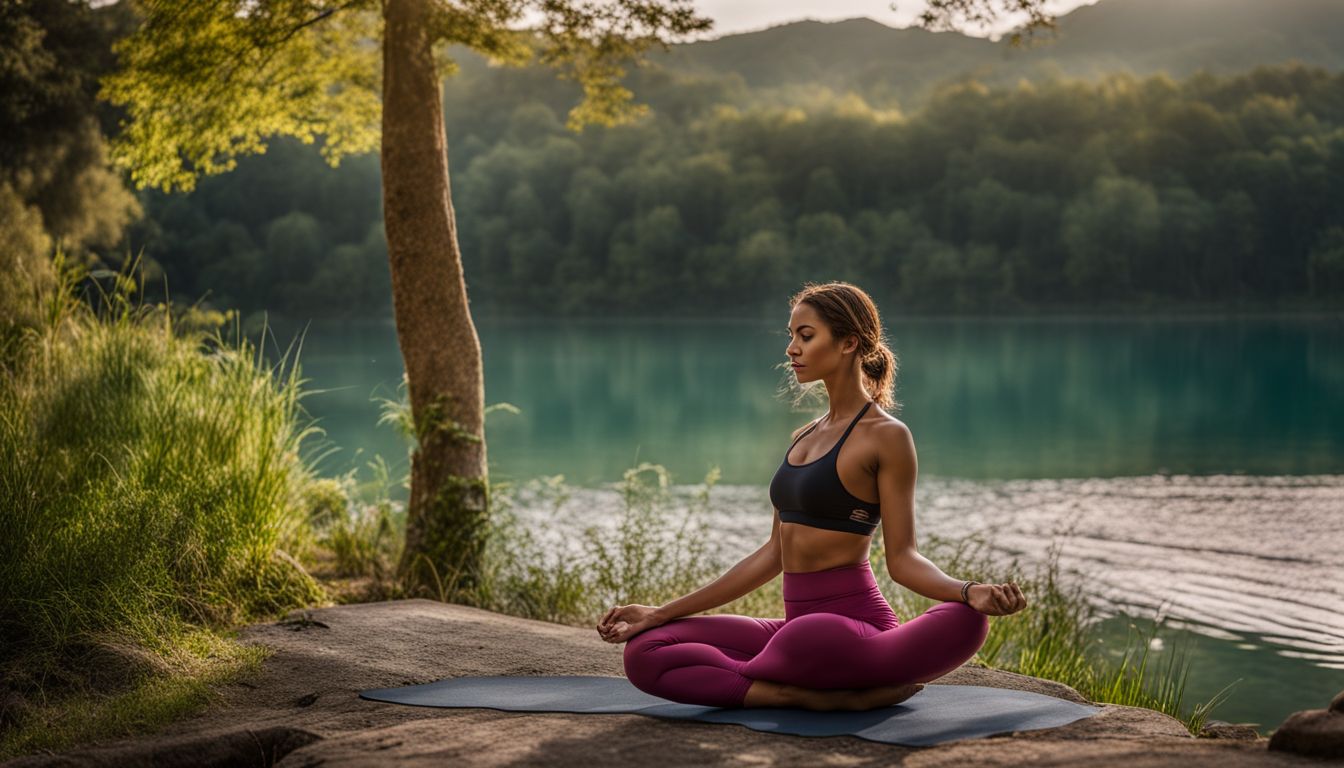 Peaceful outdoor yoga by a serene lake with diverse participants.