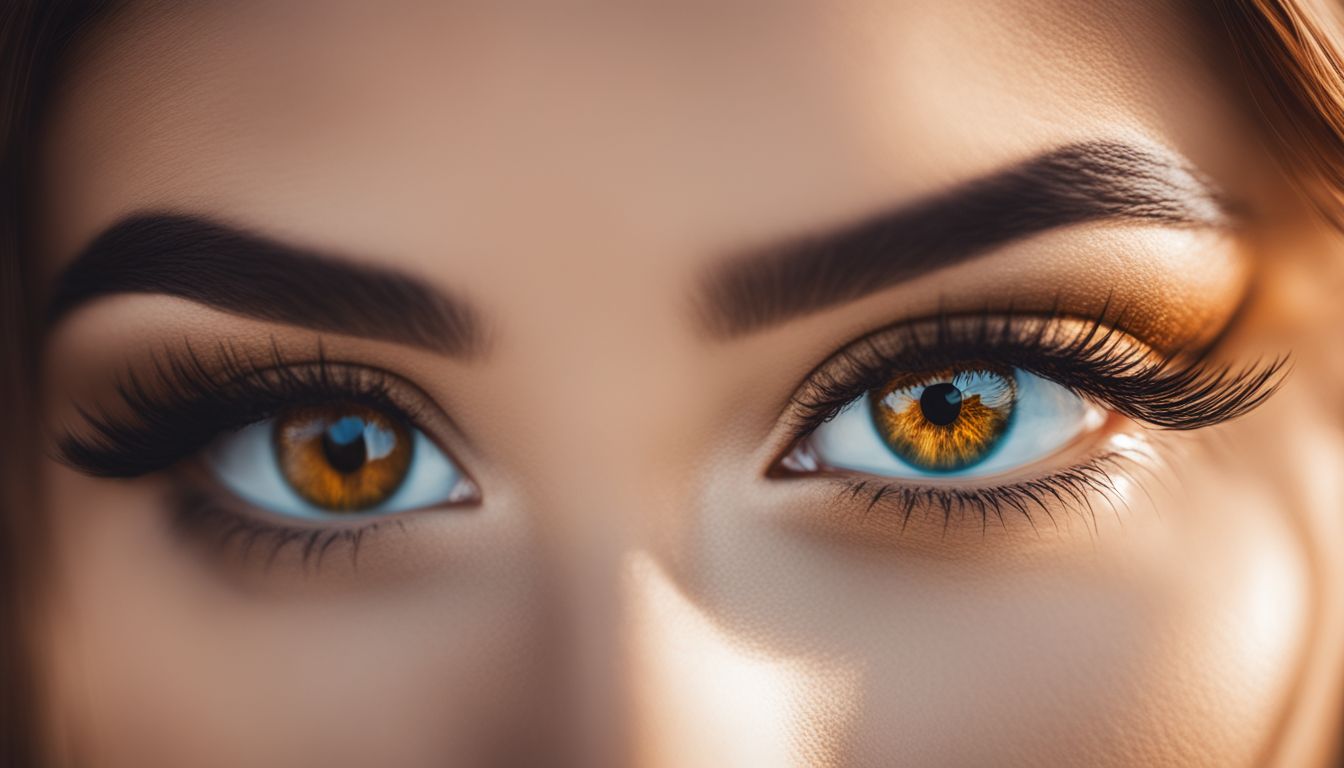 Close-up vibrant eyes with natural landscape background in a detailed photo.
