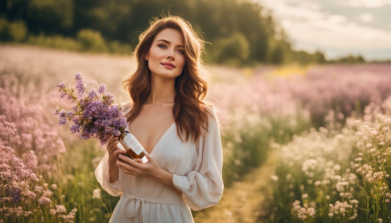 A Caucasian woman holding omega-3 supplements in a sunny field surrounded by flowers.