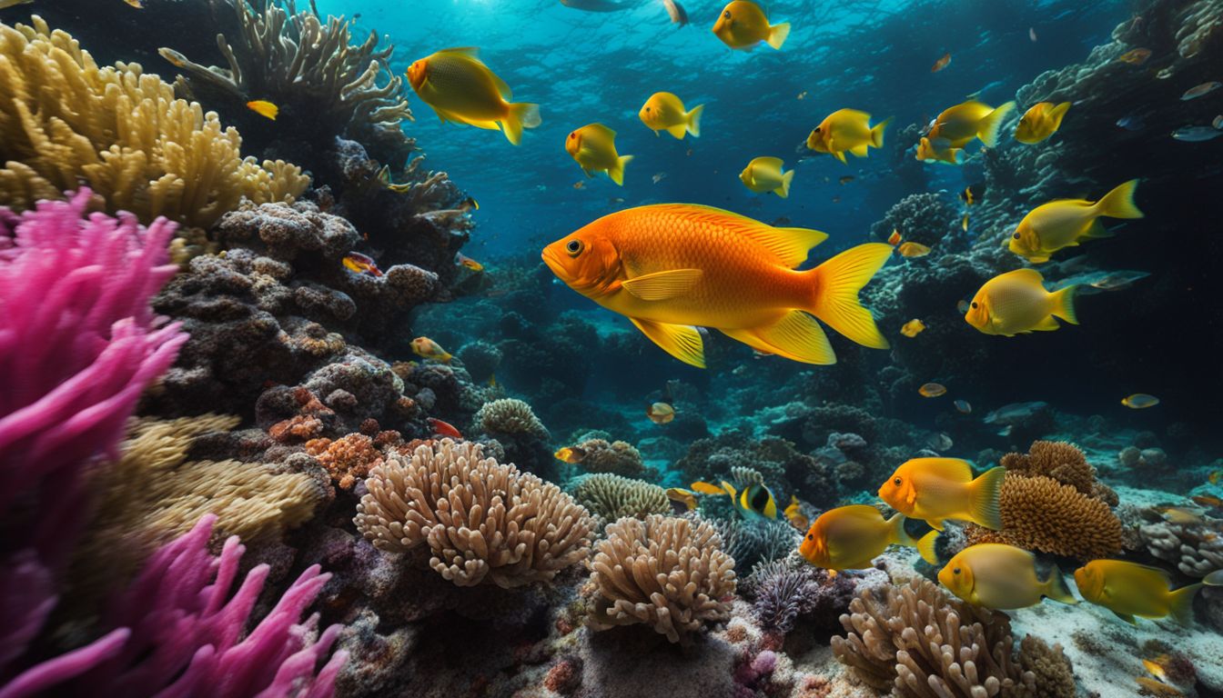 Colorful underwater scene with fish, coral reefs, and diverse people.
