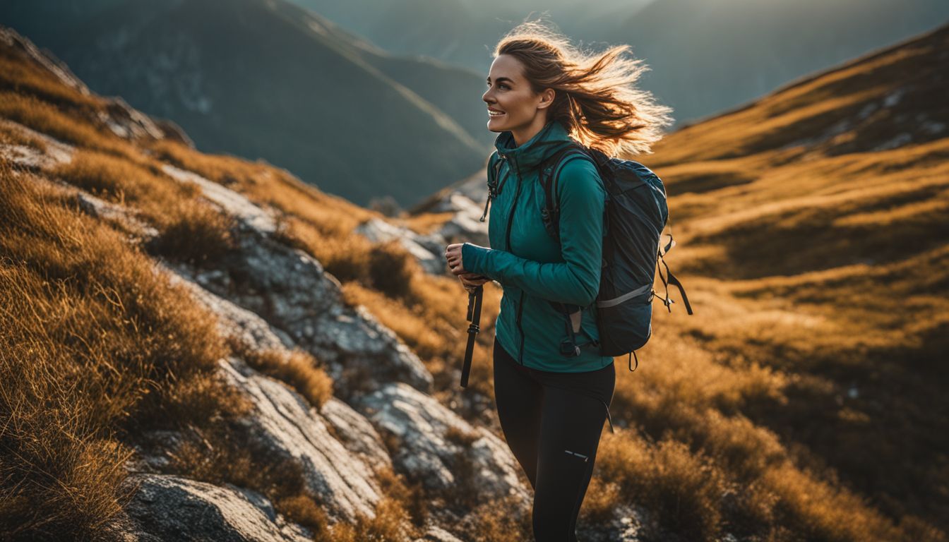 A Caucasian woman hiking in the mountains, showcasing different hairstyles and outfits.