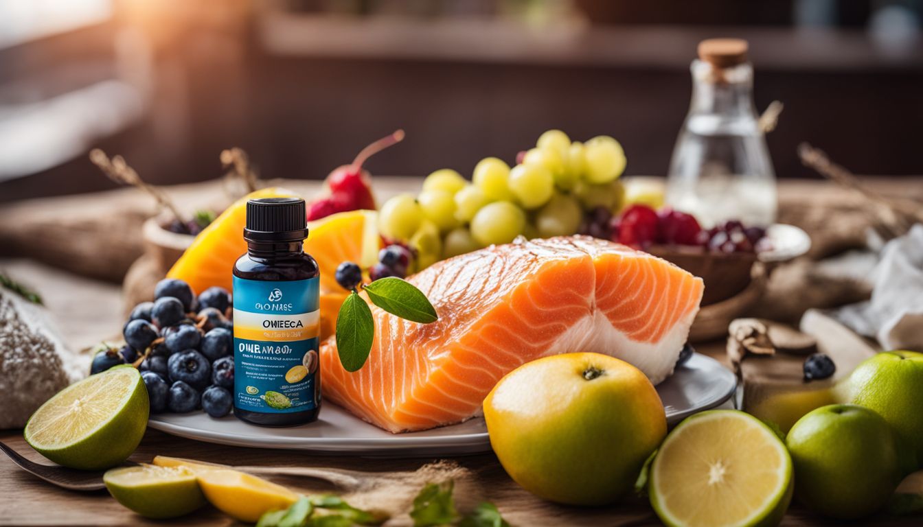A photo of Omega-3 supplements surrounded by fish and fruits.