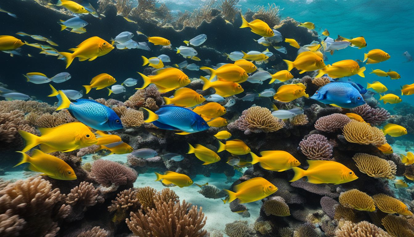 A diverse school of fish swimming in clear ocean waters.