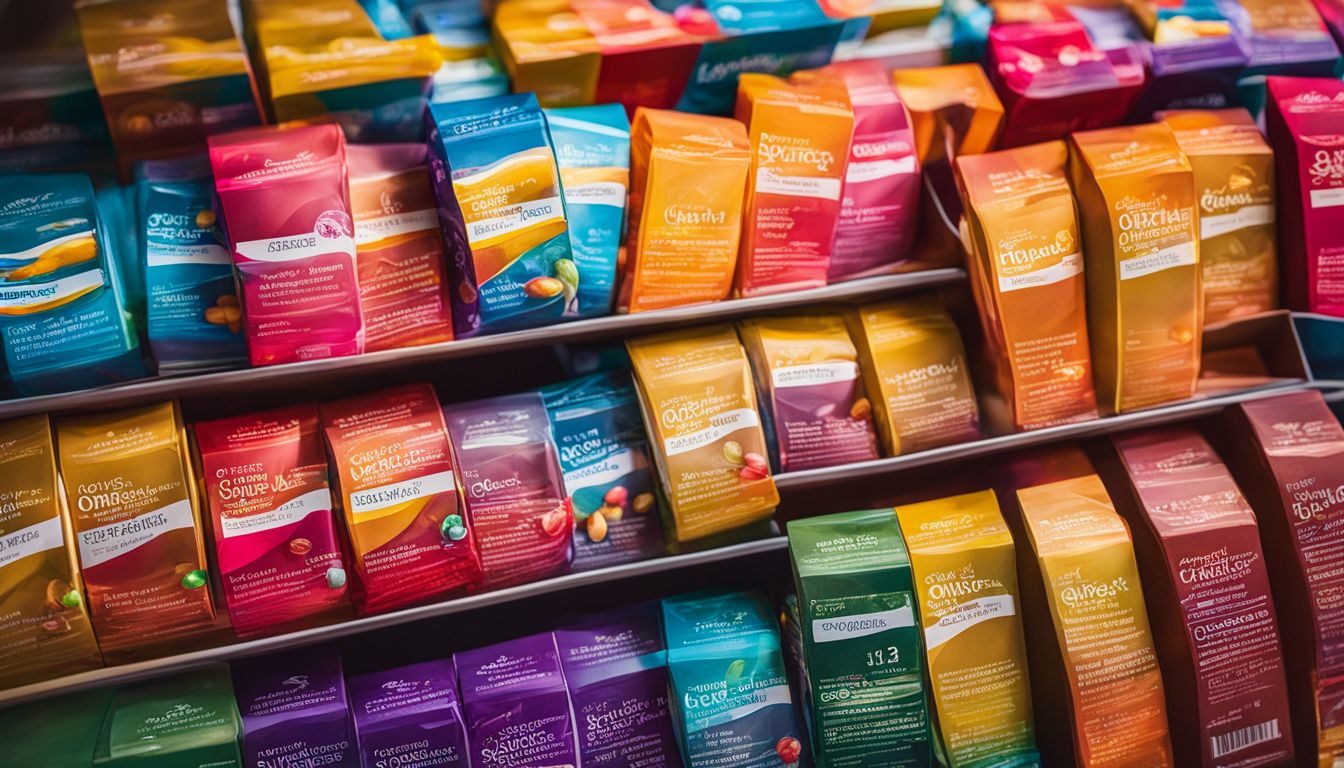 A row of colorful omega-3 supplement softgels with vibrant packaging.