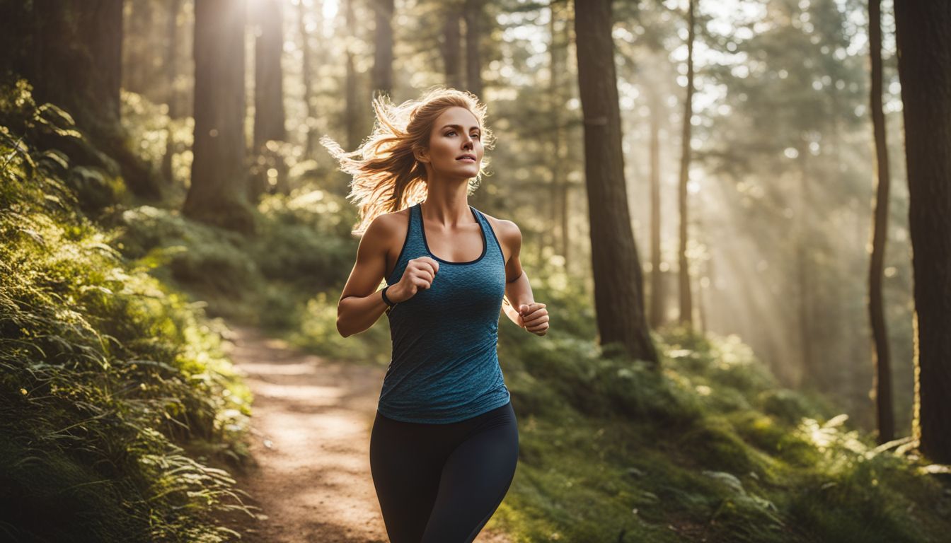 A Caucasian woman jogging on a scenic trail surrounded by nature.