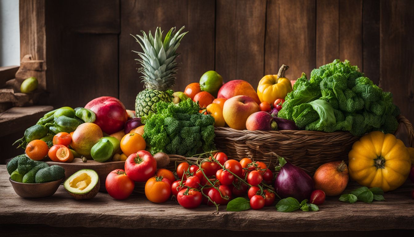 Colorful assortment of fresh fruits and vegetables on a rustic table.