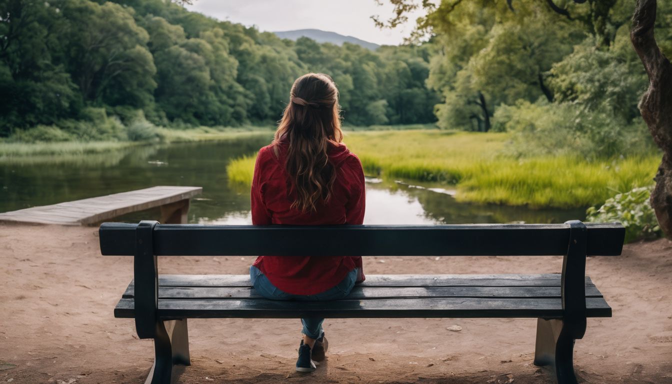 A person sits alone on a park bench surrounded by nature.
