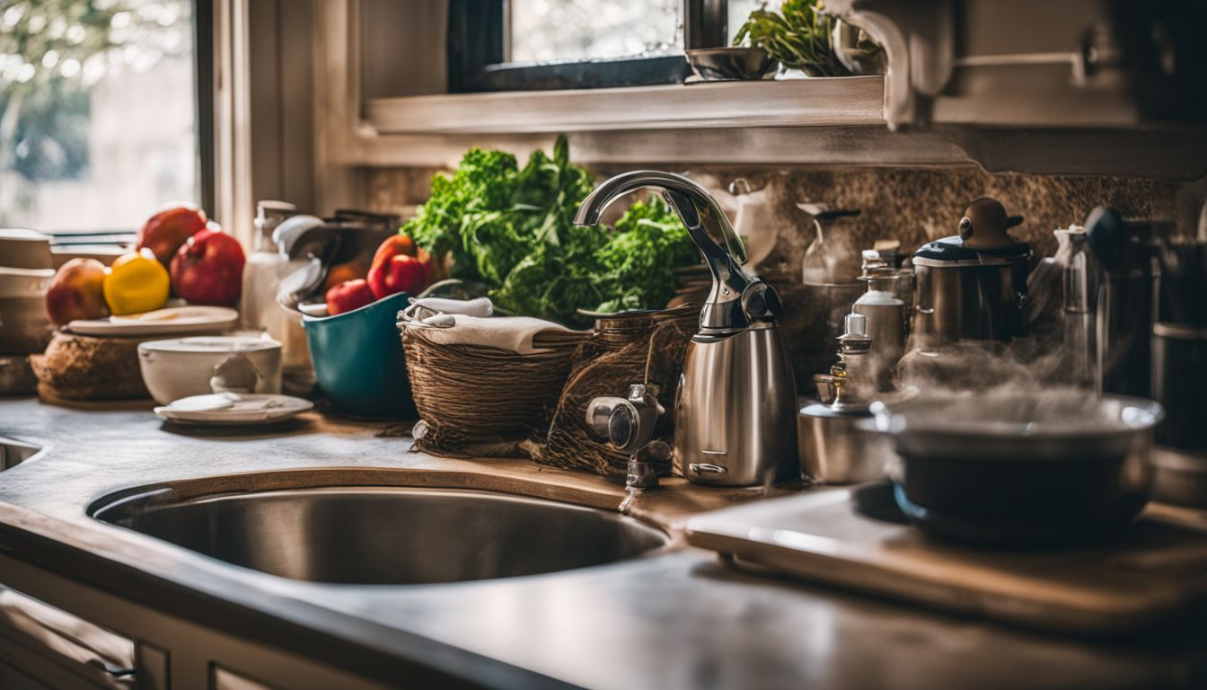 A messy kitchen sink with dirty dishes and cluttered countertops.