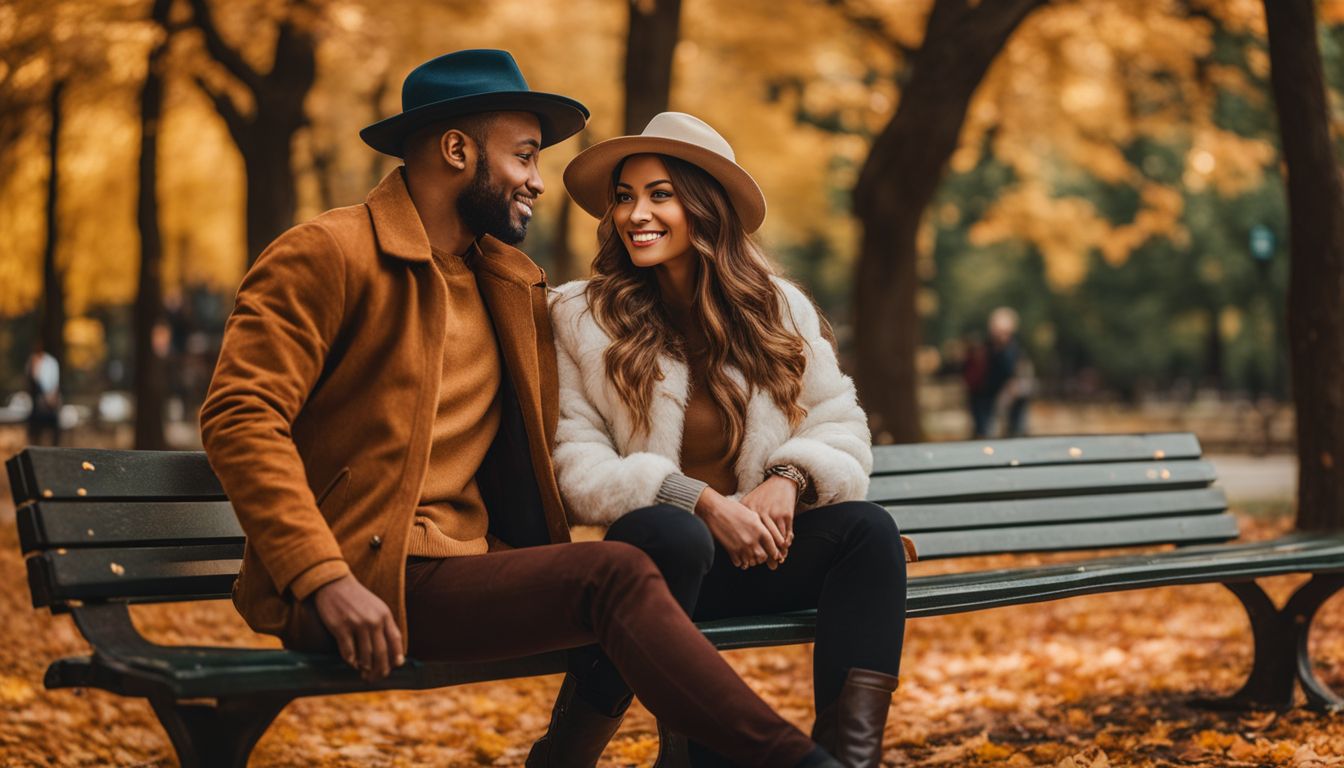 A couple sitting on a park bench surrounded by autumn foliage.