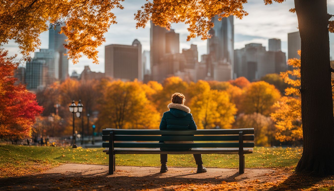 A solitary person amidst vibrant fall foliage in a bustling city park.