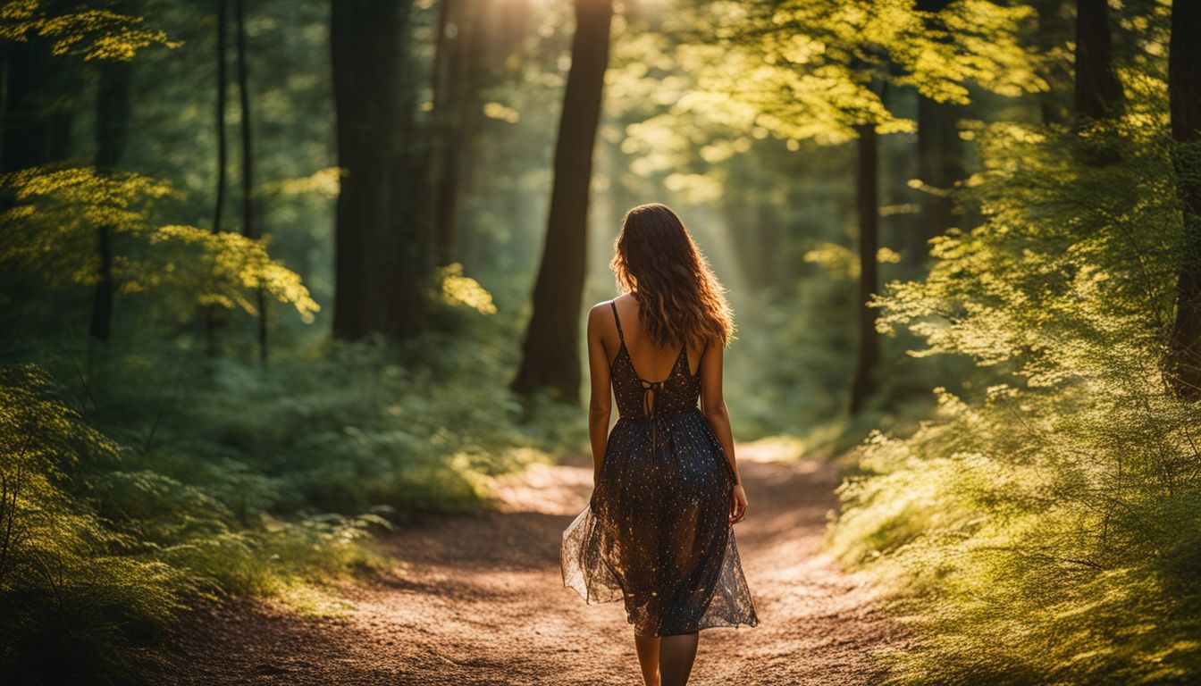 A woman walking in a sunlit forest surrounded by trees.