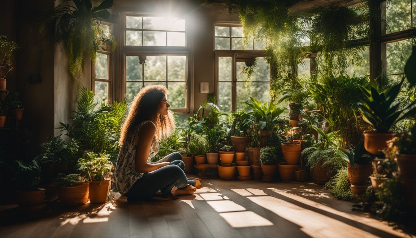 Peaceful person surrounded by plants in a sunlit window.