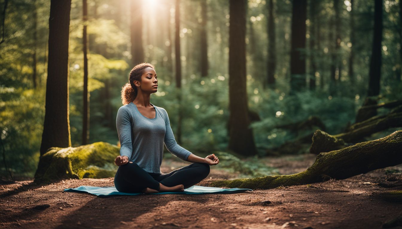 A woman meditating in a peaceful forest surrounded by nature.