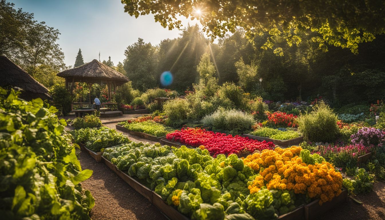 A lively garden with diverse people, flowers, and vegetables.