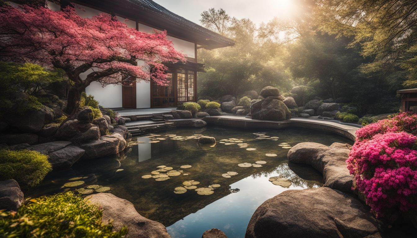 A serene zen garden with diverse people enjoying nature's beauty.