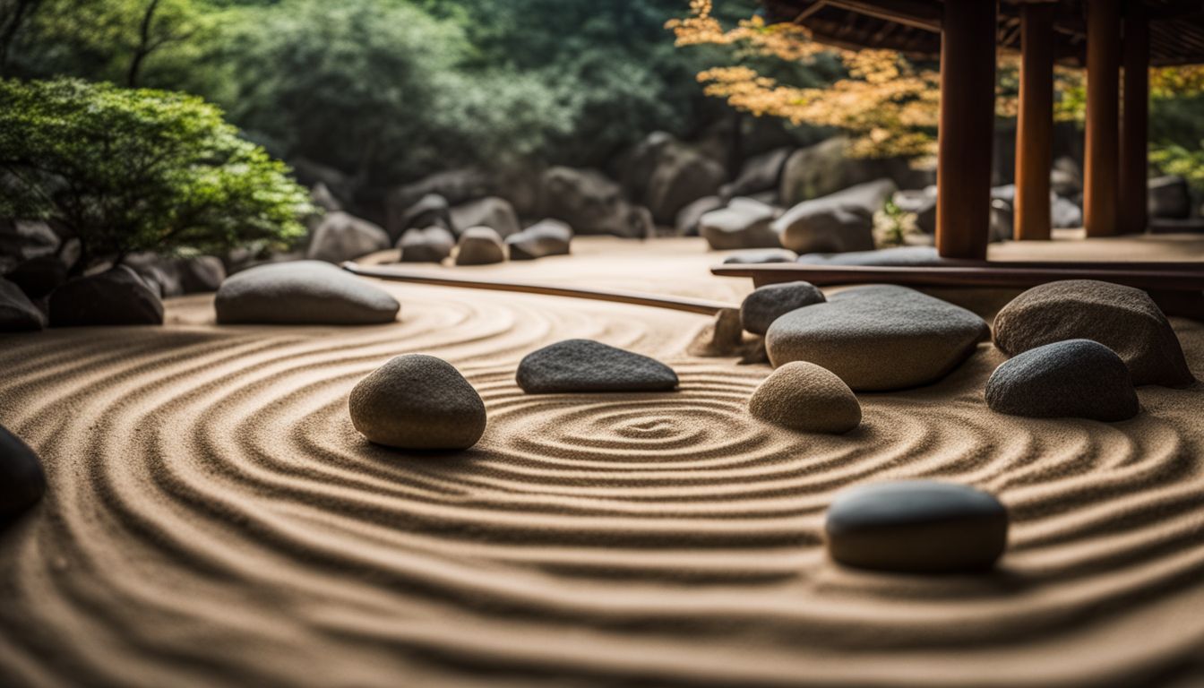 A zen garden with rocks, sand, and a rake. Diverse people.