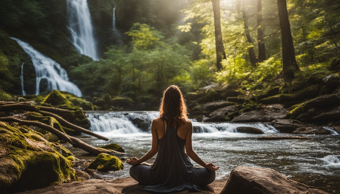 A woman meditates surrounded by nature in a tranquil forest clearing.