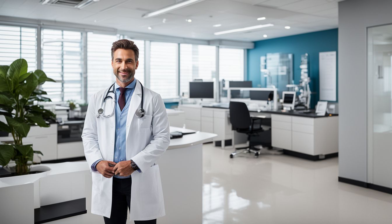A doctor in a modern medical office with various features and styles.