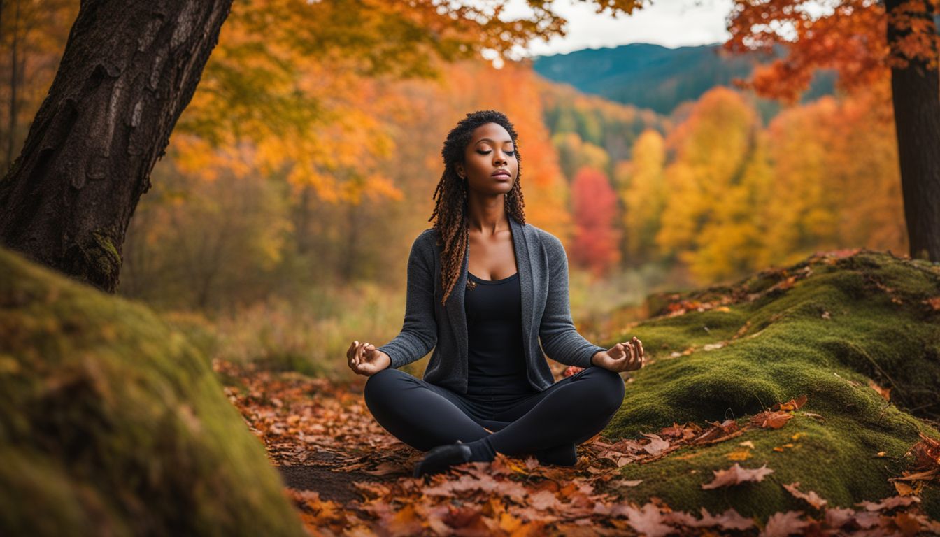 Woman meditating in a colorful forest surrounded by vibrant fall foliage.