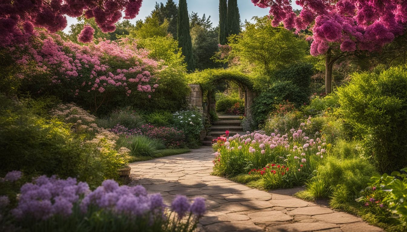 A serene garden with a pathway and a peaceful bench.