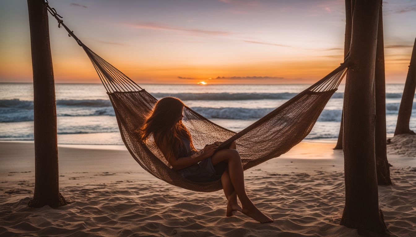 A picturesque sunset beach with a hammock and diverse people.