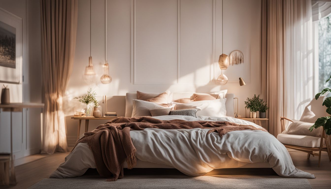 A serene bedroom with diverse people and stylish decor.